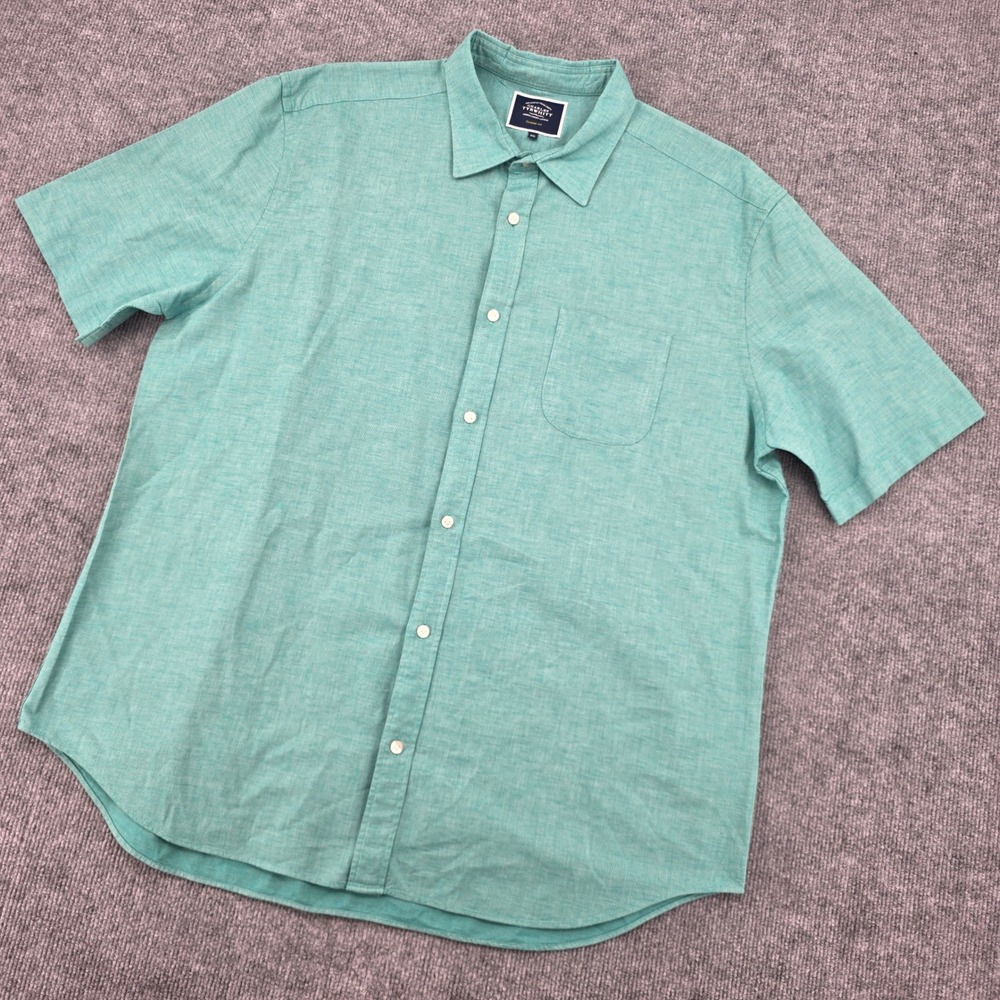 Charles Tyrwhitt Mens XXL Classic Fit Cotton Linen Short Sleeve Shirt Teal Green